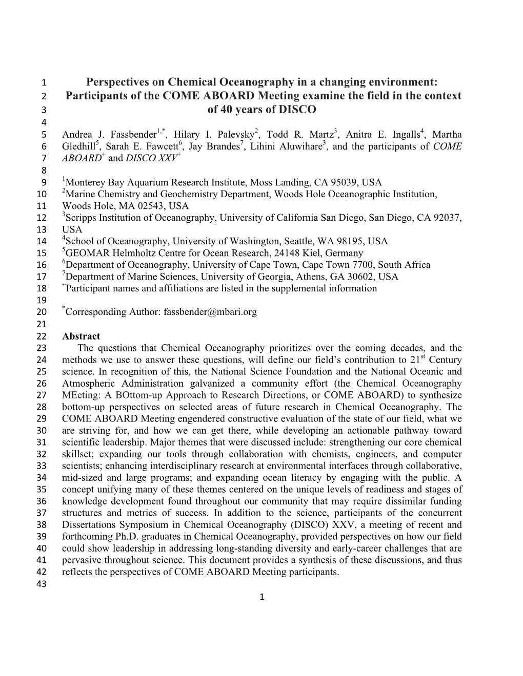 Perspectives on Chemical Oceanography in a Changing