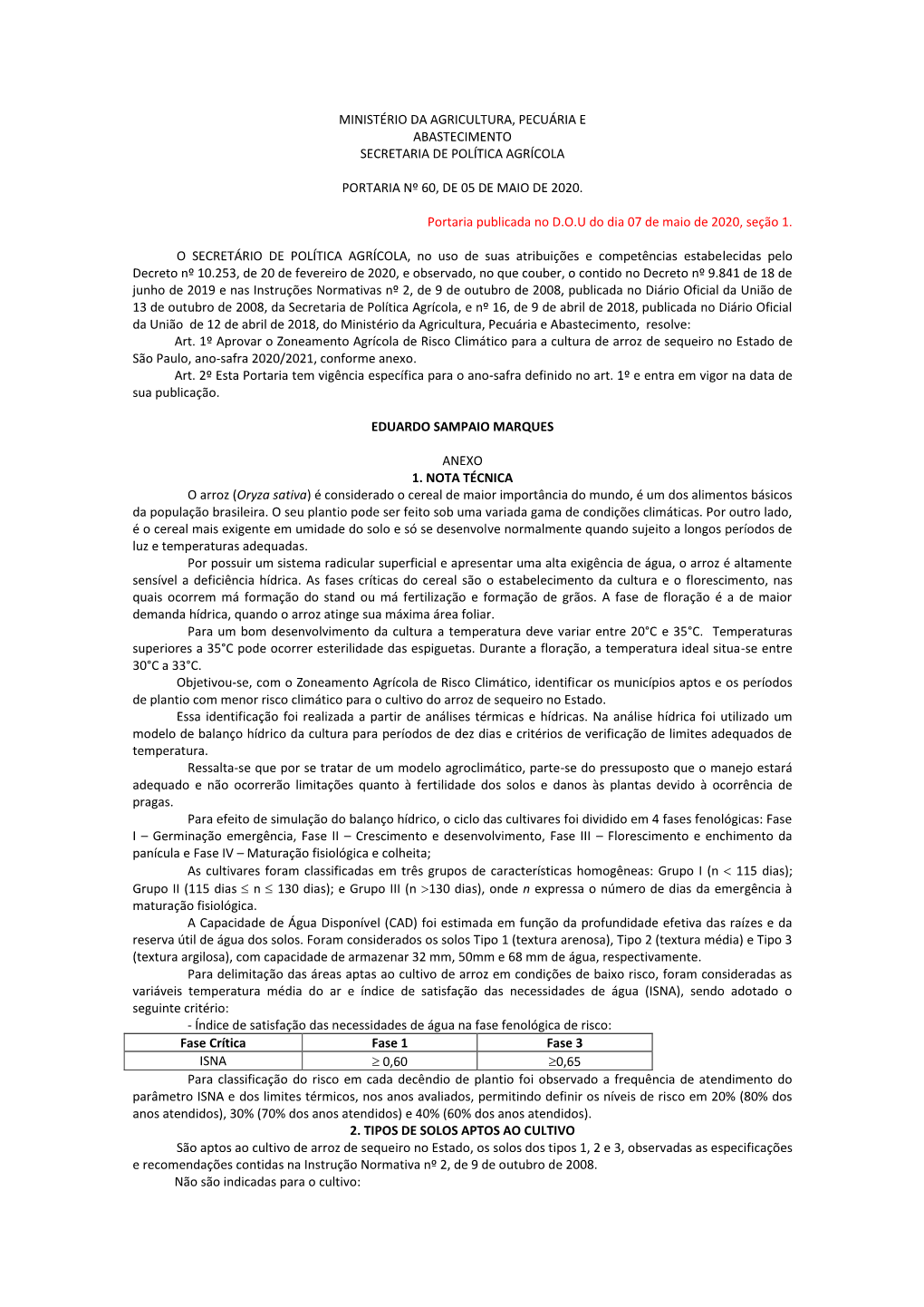 Ministério Da Agricultura, Pecuária E Abastecimento Secretaria De Política Agrícola