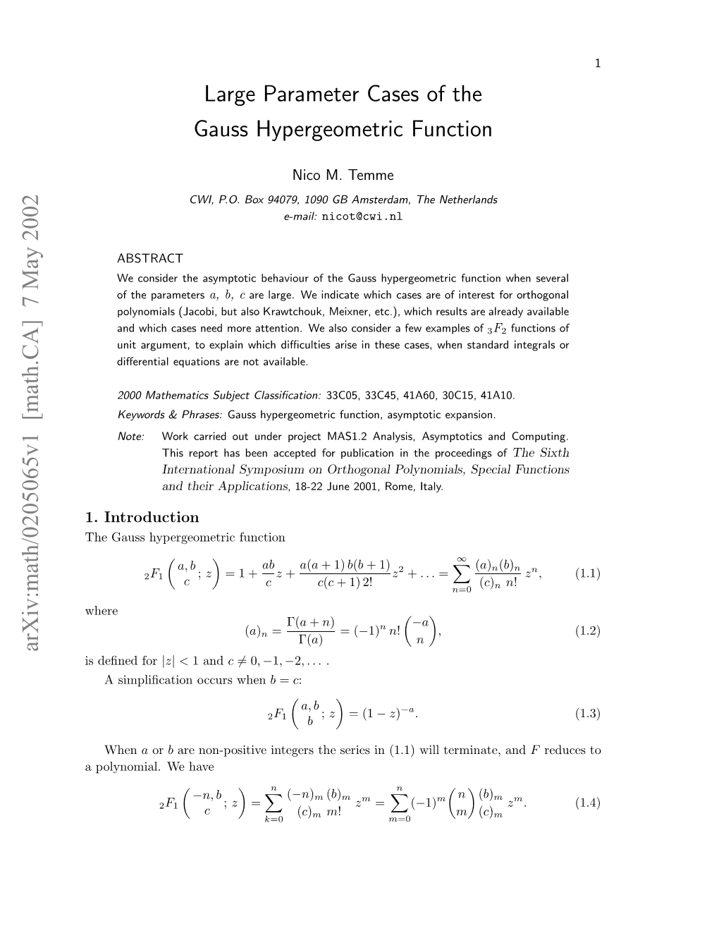 Large Parameter Cases of the Gauss Hypergeometric Function