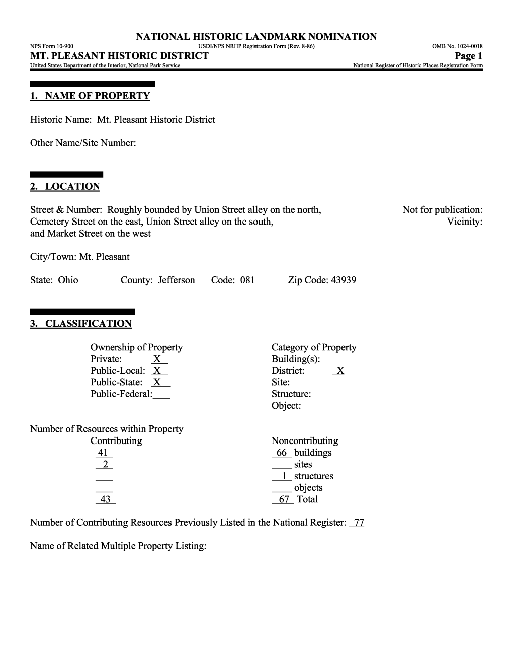 MT. PLEASANT HISTORIC DISTRICT Page 1 United States Department of the Interior, National Park Service______National Register of Historic Places Registration Form