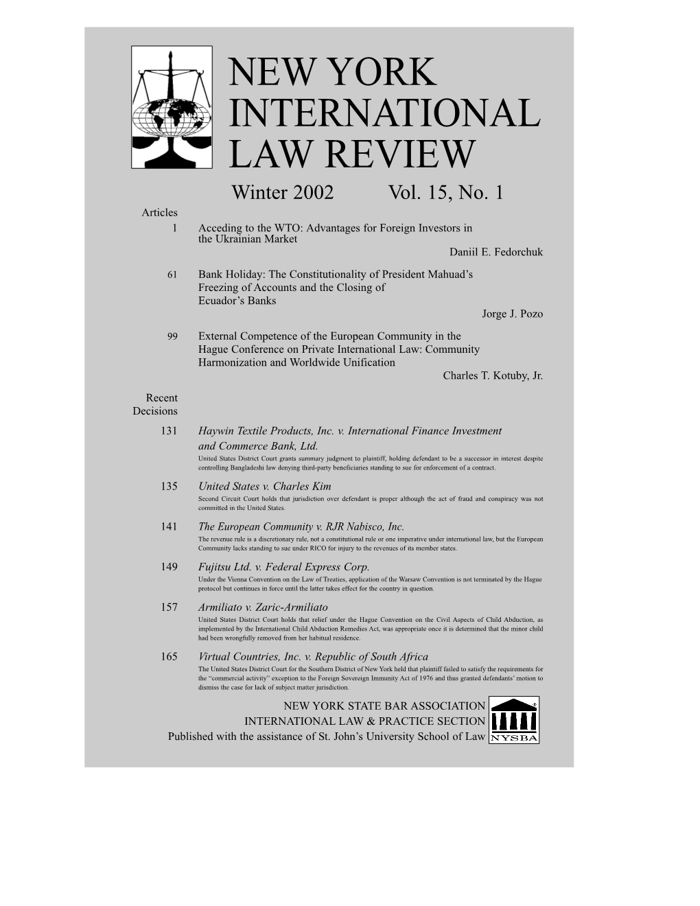 NEW YORK INTERNATIONAL LAW REVIEW Winter 2002 Vol