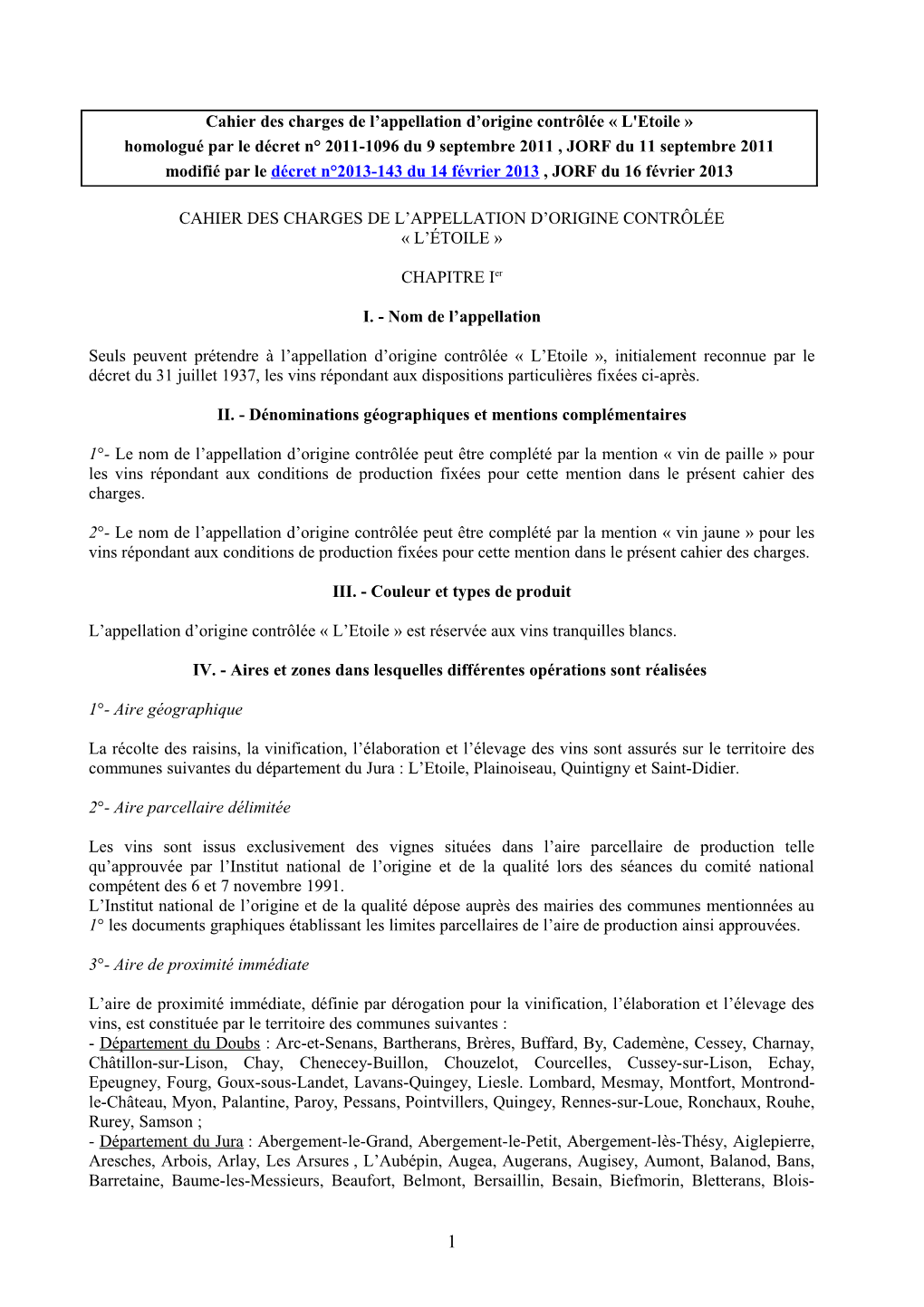 Cahier Des Charges De L'appellation D'origine Contrôlée « L'etoile