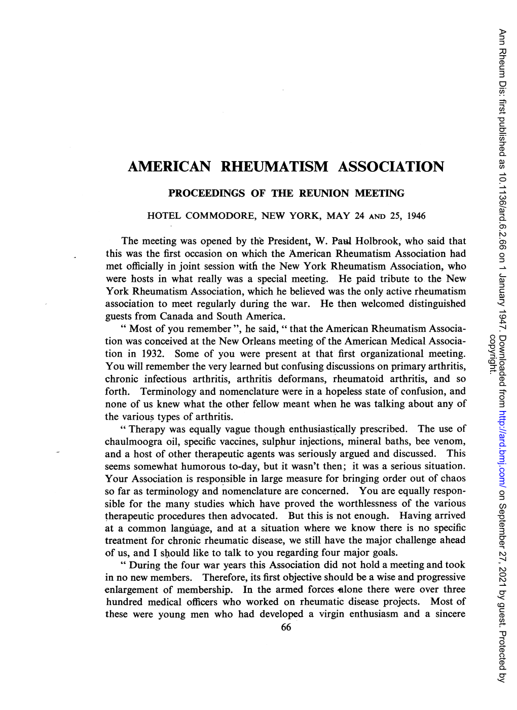 American Rheumatism Association Proceedings of the Reunion Meeting Hotel Commodore, New York, May 24 and 25, 1946