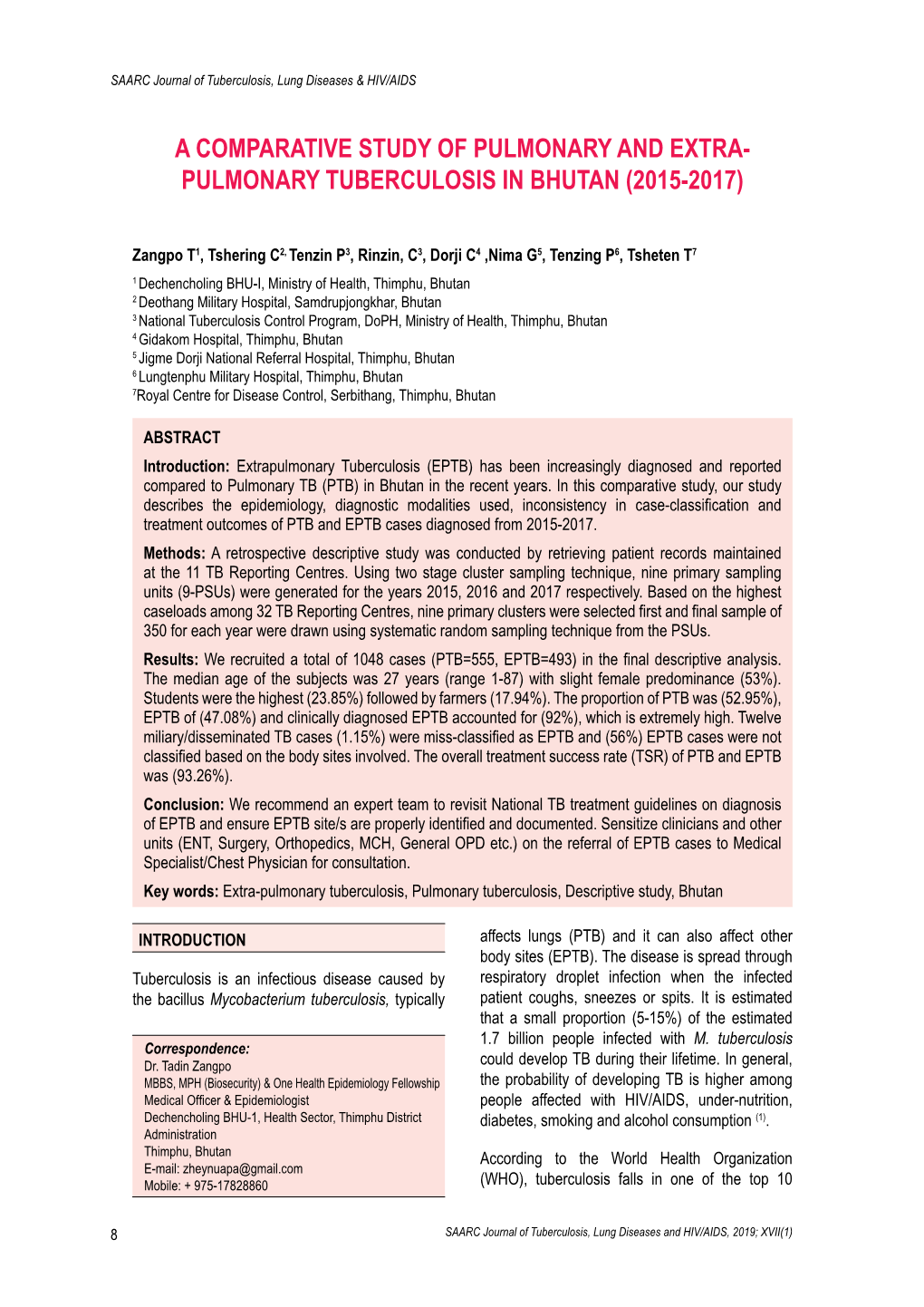 Pulmonary Tuberculosis in Bhutan (2015-2017)