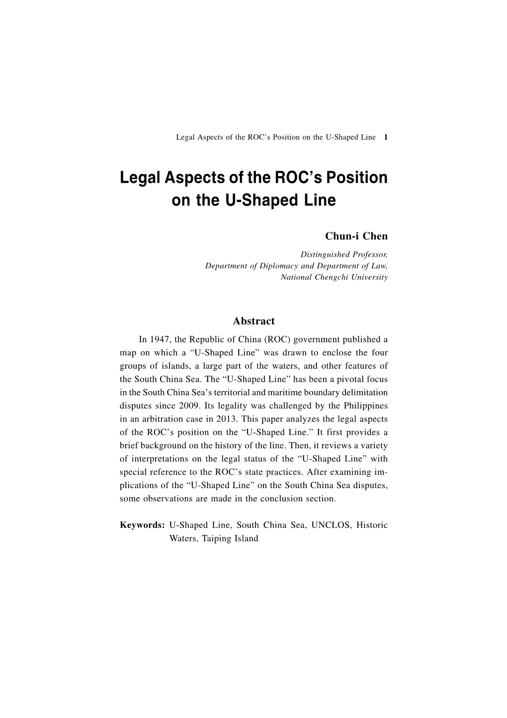 Legal Aspects of the ROC's Position on the U-Shaped Line