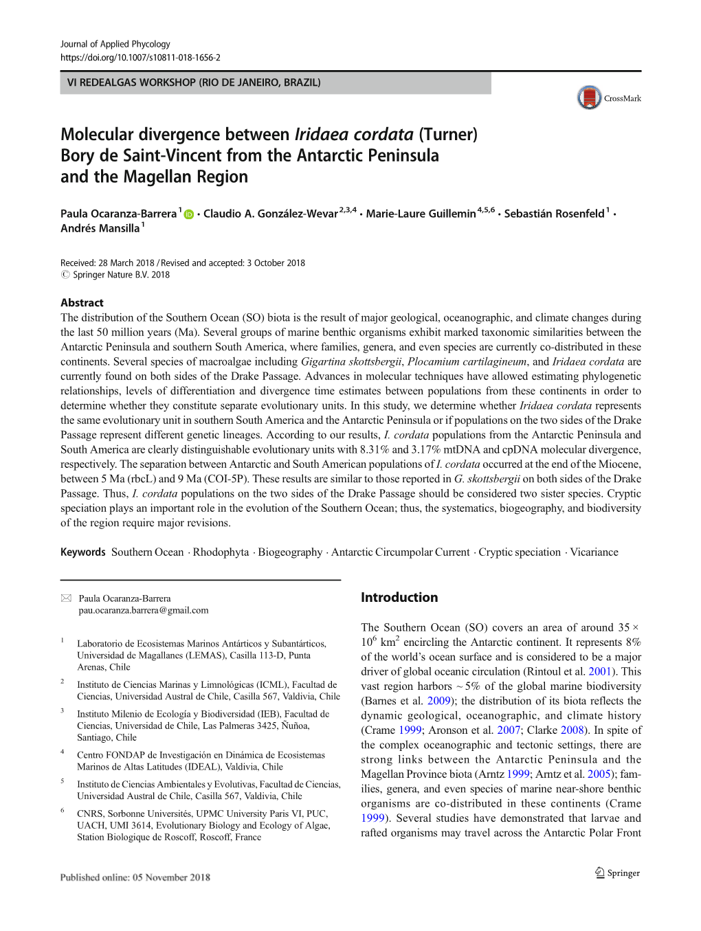 Molecular Divergence Between Iridaea Cordata (Turner) Bory De Saint-Vincent from the Antarctic Peninsula and the Magellan Region