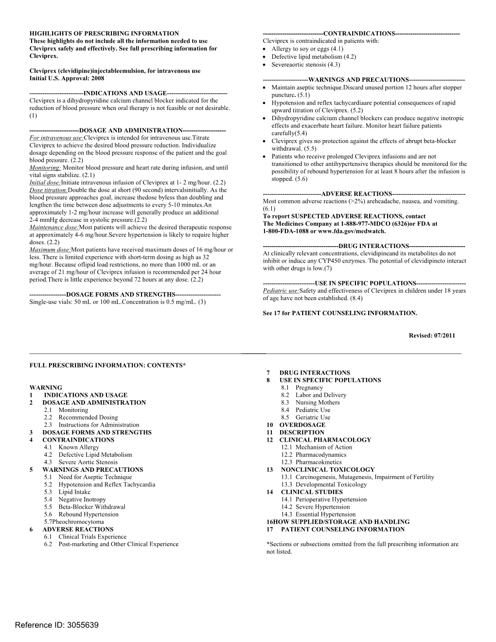 Reference ID: 3055639 Cleviprex™ (Clevidipine) Draft Labeling, Page 2