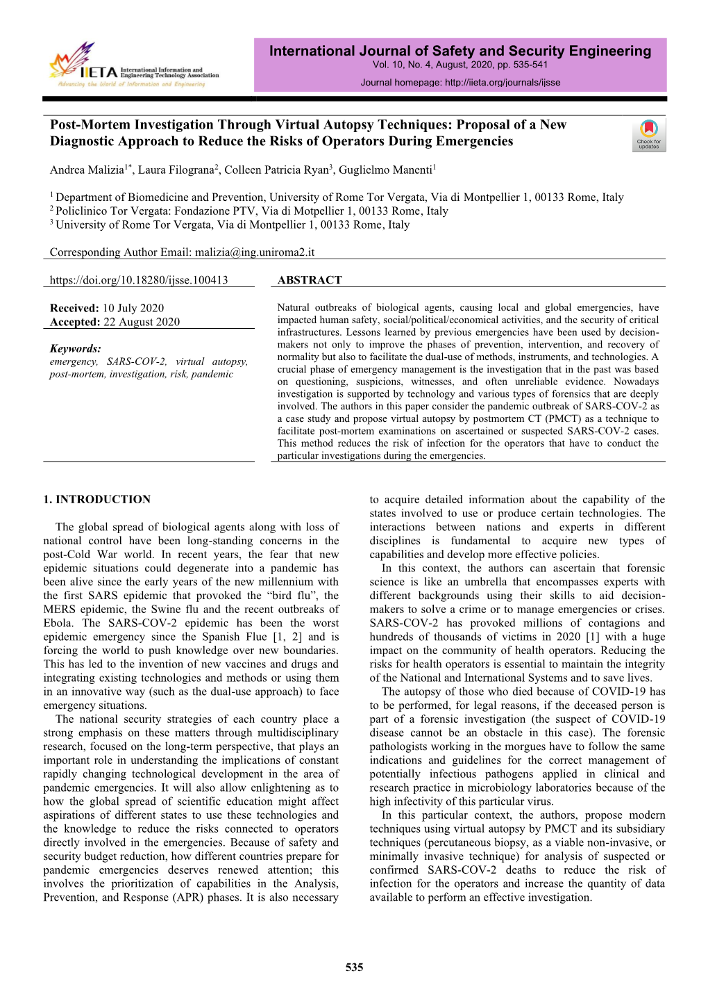 Post-Mortem Investigation Through Virtual Autopsy Techniques: Proposal of a New Diagnostic Approach to Reduce the Risks of Operators During Emergencies