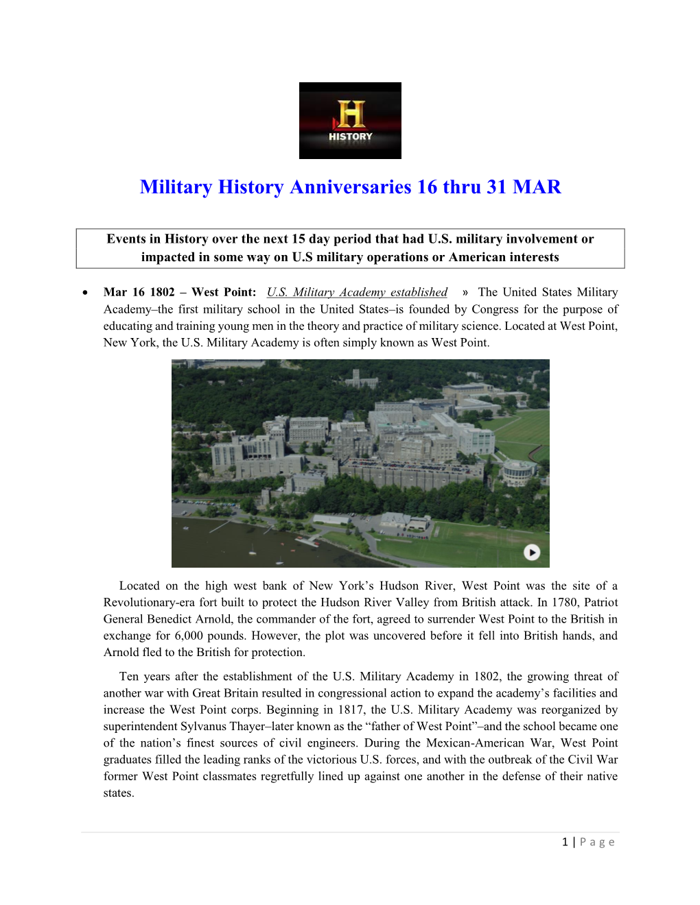 Military History Anniversaries 0316 Thru 033119