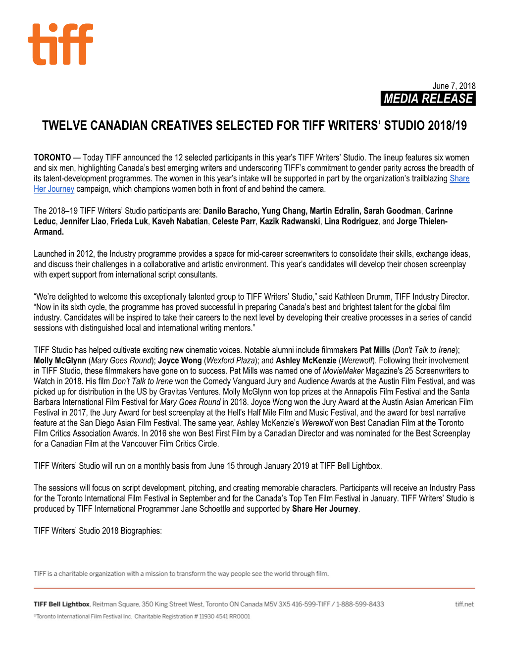 Media Release. Twelve Canadian Creatives