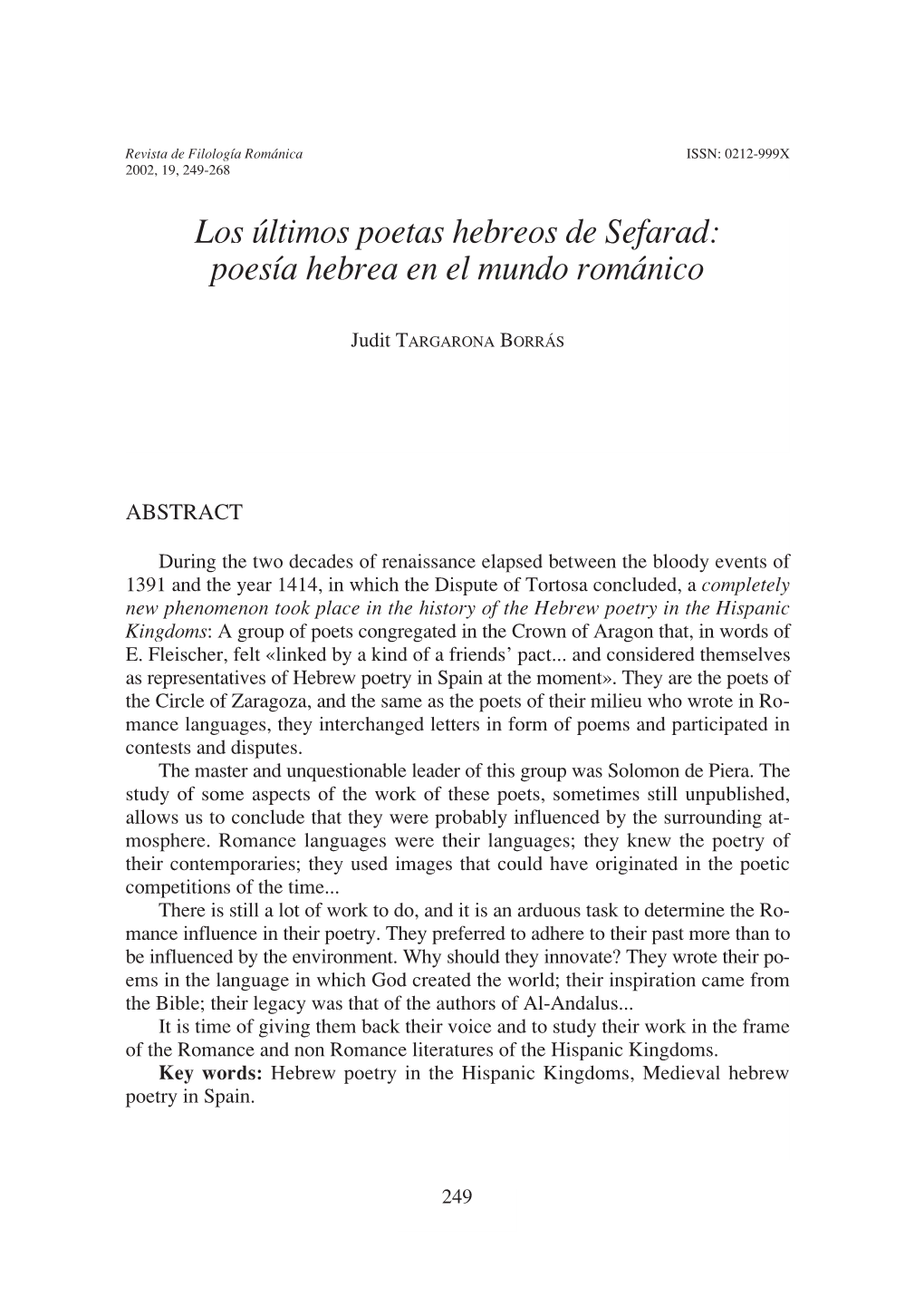 Los Últimos Poetas Hebreos De Sefarad: Poesía Hebrea En El Mundo Románico