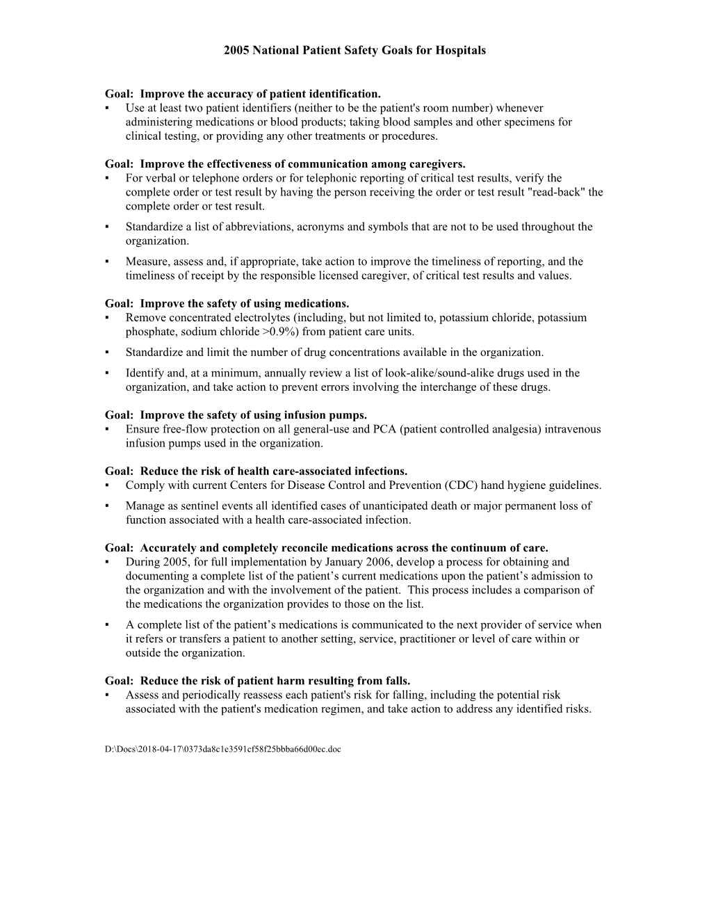 2005 National Patient Safety Goals for Hospitals