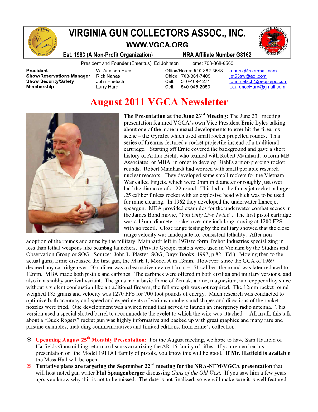 VIRGINIA GUN COLLECTORS ASSOC., INC. August 2011 VGCA