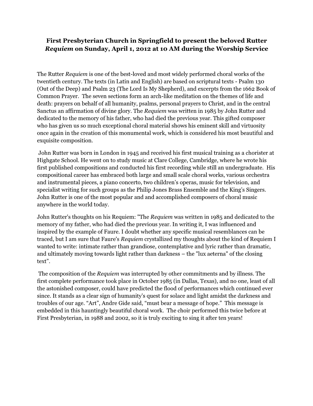 First Presbyterian Church in Springfield to Present the Beloved Rutter Requiem on Sunday, April 1, 2012 at 10 AM During the Worship Service