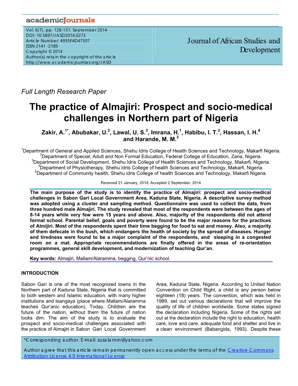 The Practice of Almajiri: Prospect and Socio-Medical Challenges in Northern Part of Nigeria