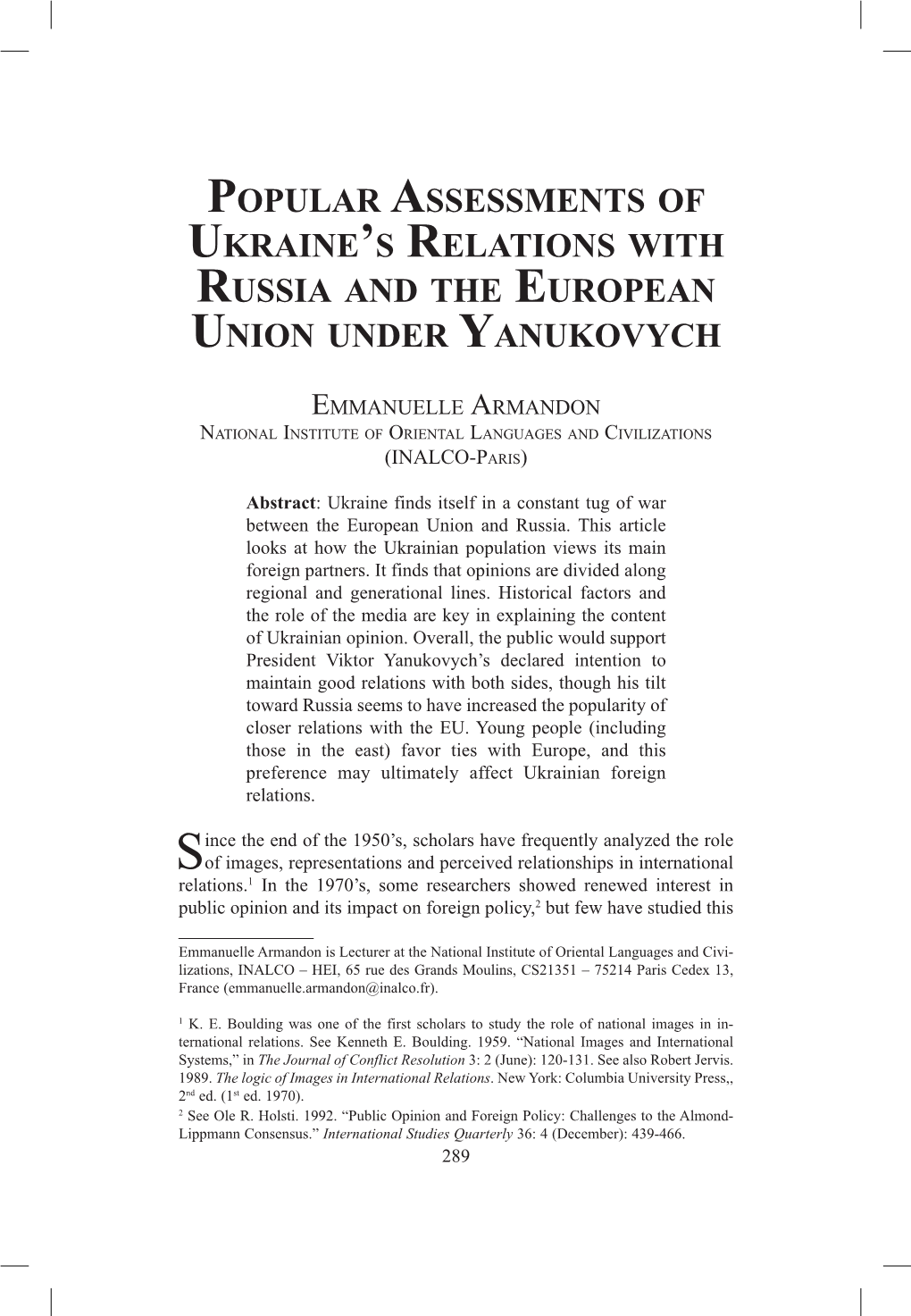 Popular Assessments of Ukraine's Relations with Russia and the European Union Under Yanukovych