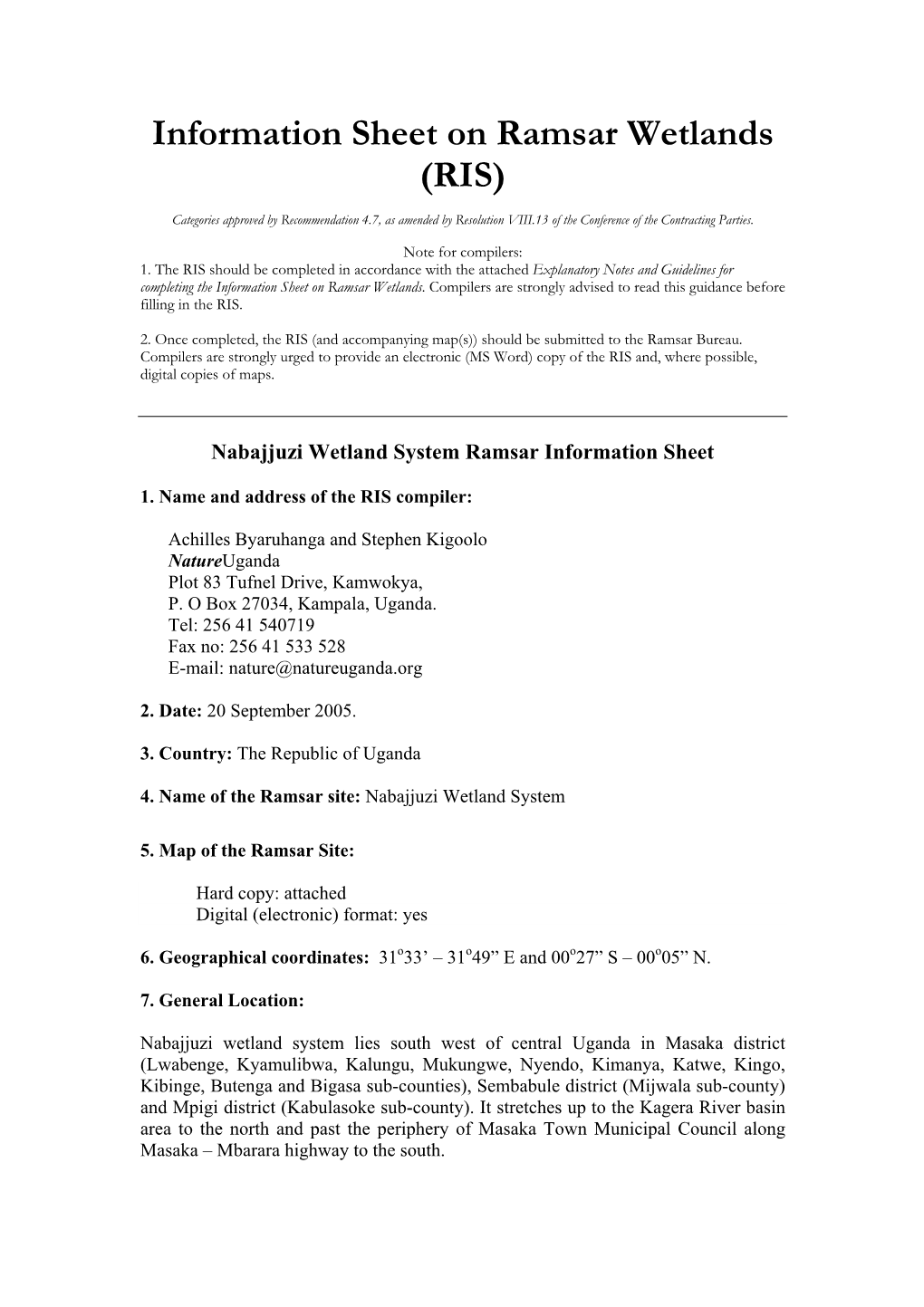 Information Sheet on Ramsar Wetlands (RIS)