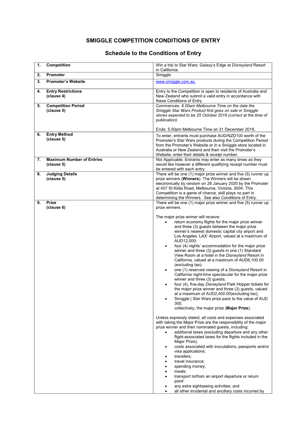 SMIGGLE COMPETITION CONDITIONS of ENTRY Schedule