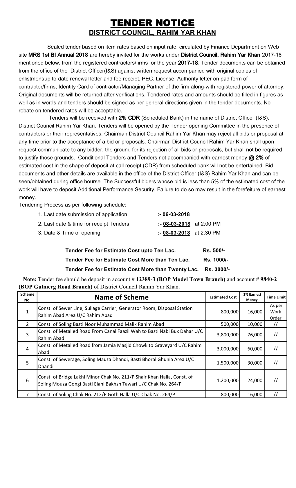 Tender Notice District Council, Rahim Yar Khan