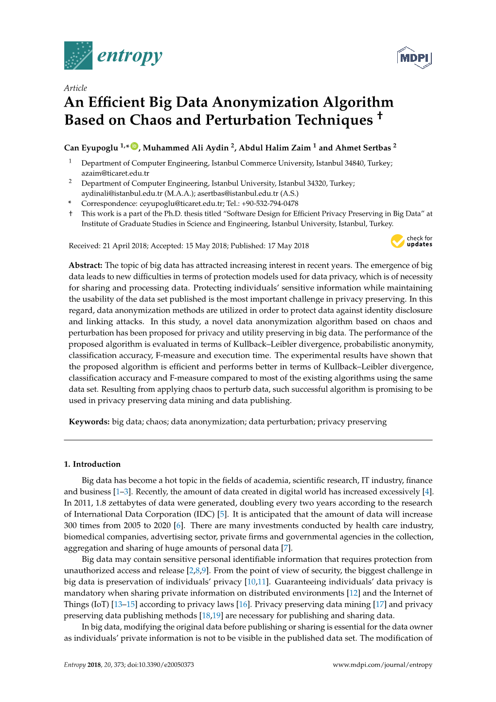 An Efficient Big Data Anonymization Algorithm Based on Chaos