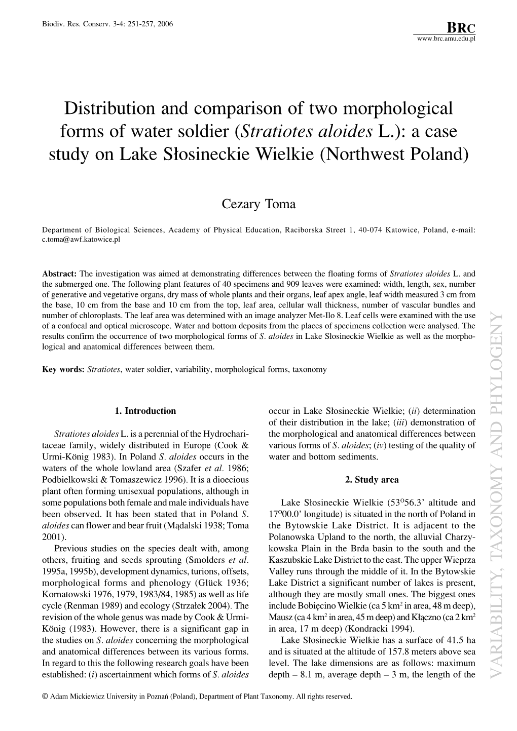 Stratiotes Aloides L.): a Case Study on Lake S≥Osineckie Wielkie (Northwest Poland