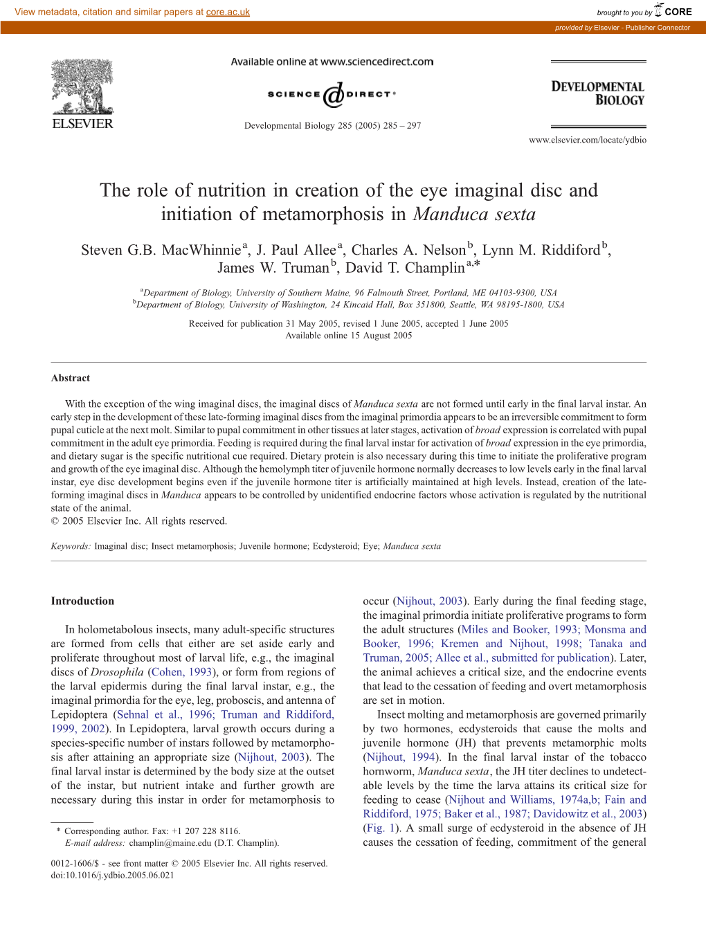 The Role of Nutrition in Creation of the Eye Imaginal Disc and Initiation of Metamorphosis in Manduca Sexta