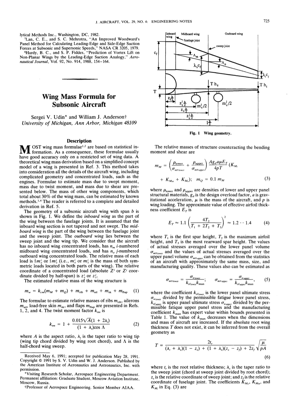 Wing Mass Formula for Subsonic Aircraft