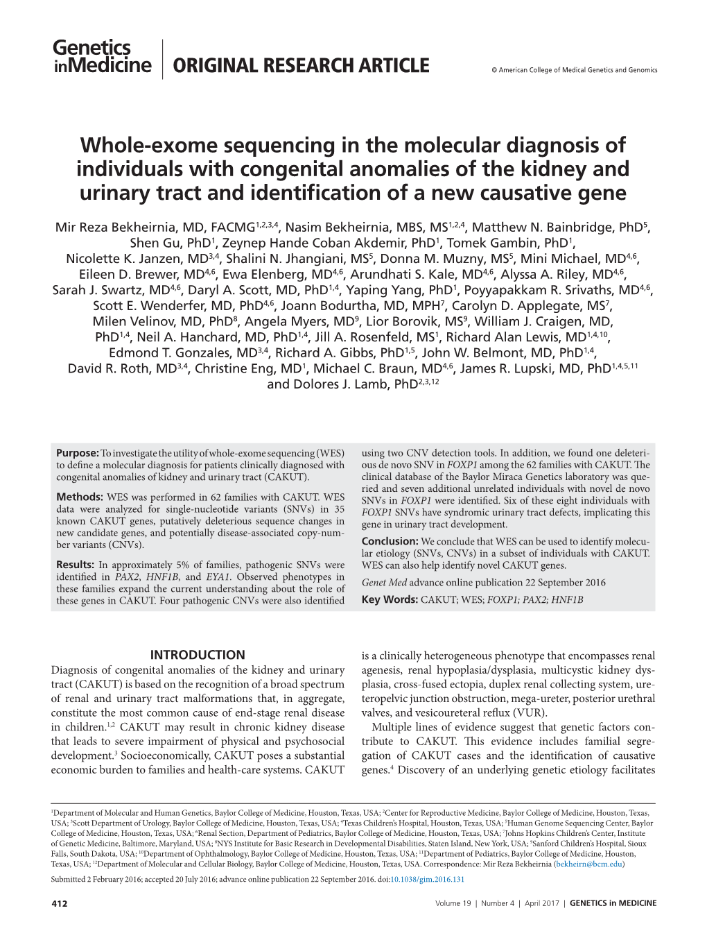 Whole-Exome Sequencing in the Molecular Diagnosis of Individuals with Congenital Anomalies of the Kidney and Urinary Tract and Identification of a New Causative Gene