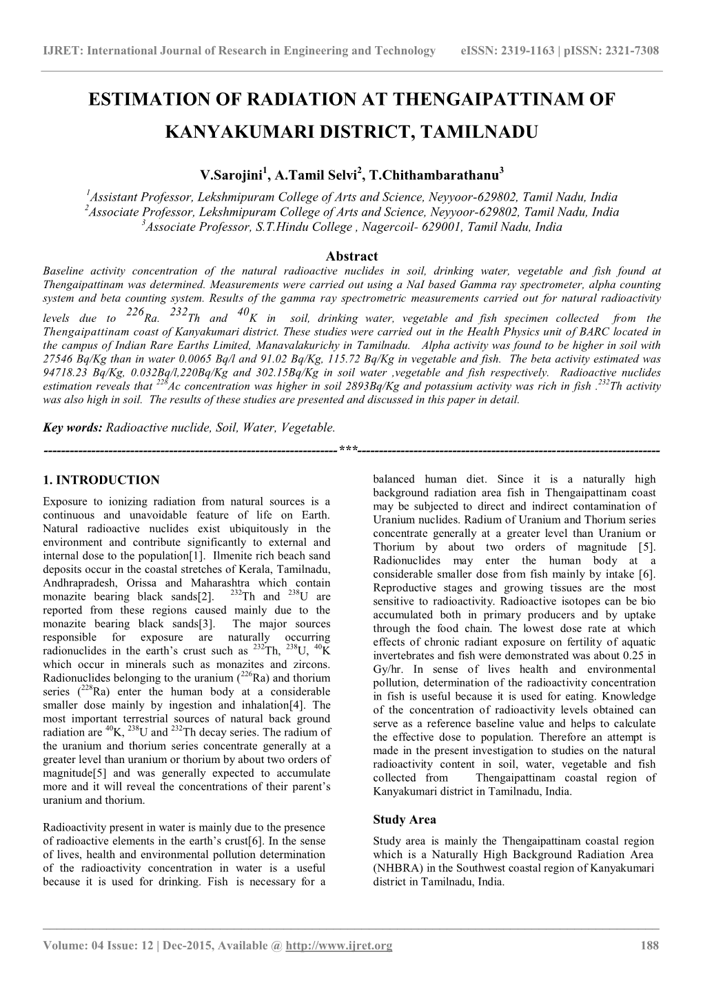 Estimation of Radiation at Thengaipattinam of Kanyakumari District, Tamilnadu