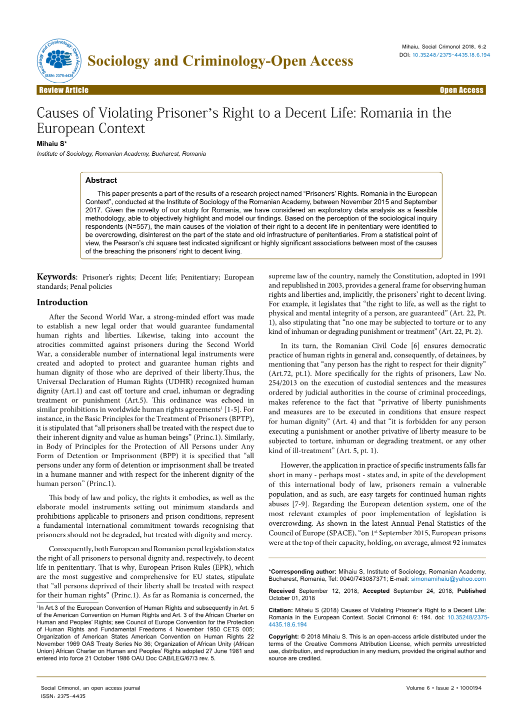 Causes of Violating Prisoner's Right to a Decent Life. Romania in The