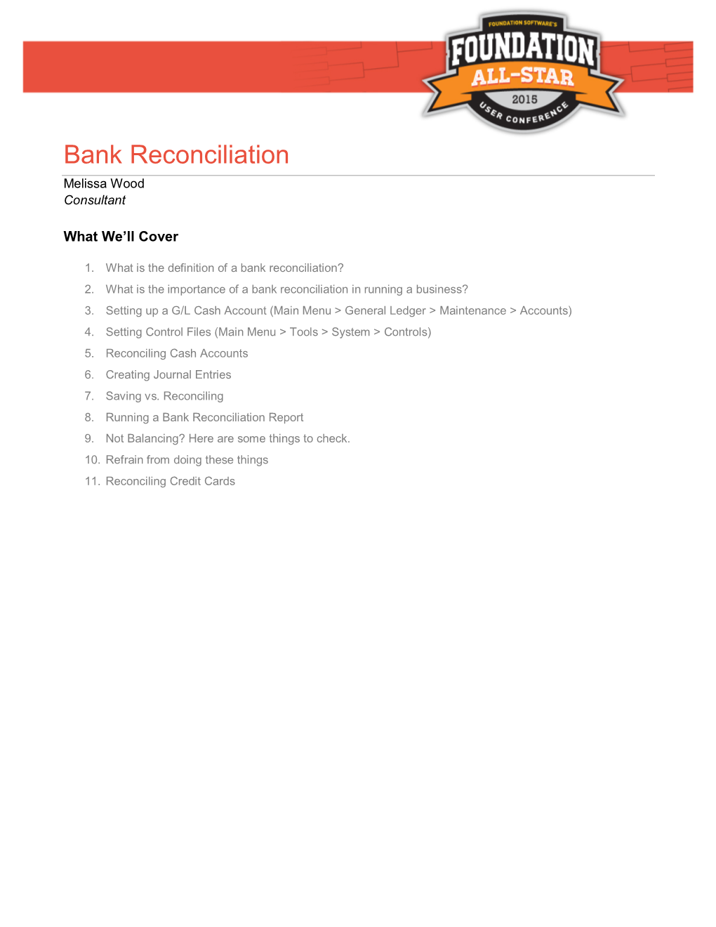 Bank Reconciliation Melissa Wood Consultant
