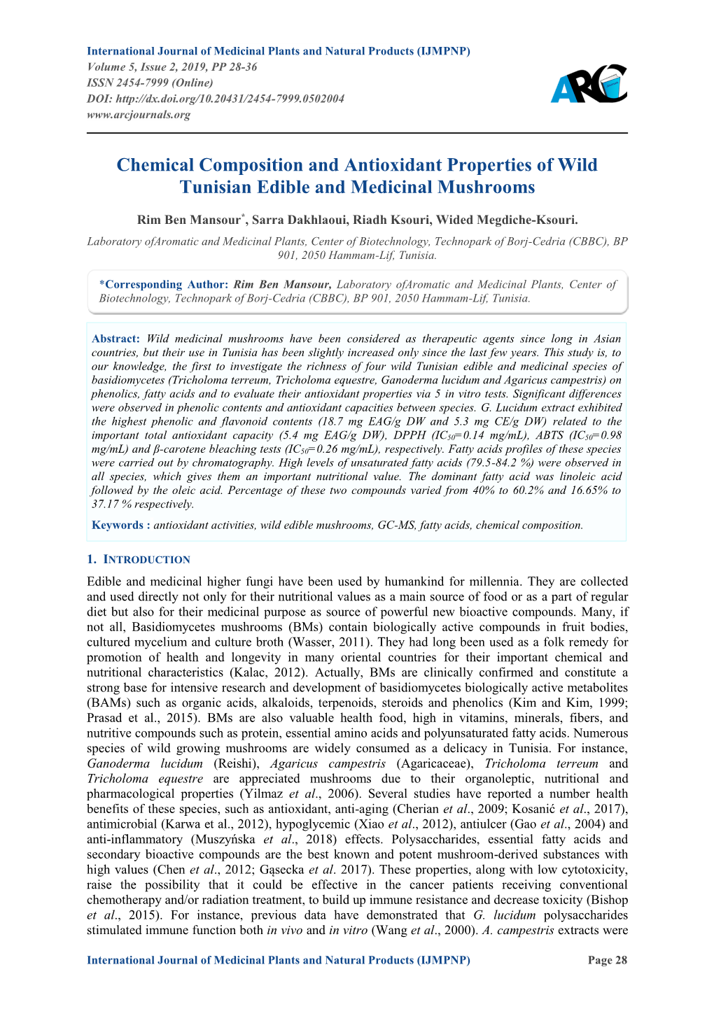 Chemical Composition and Antioxidant Properties of Wild Tunisian Edible and Medicinal Mushrooms