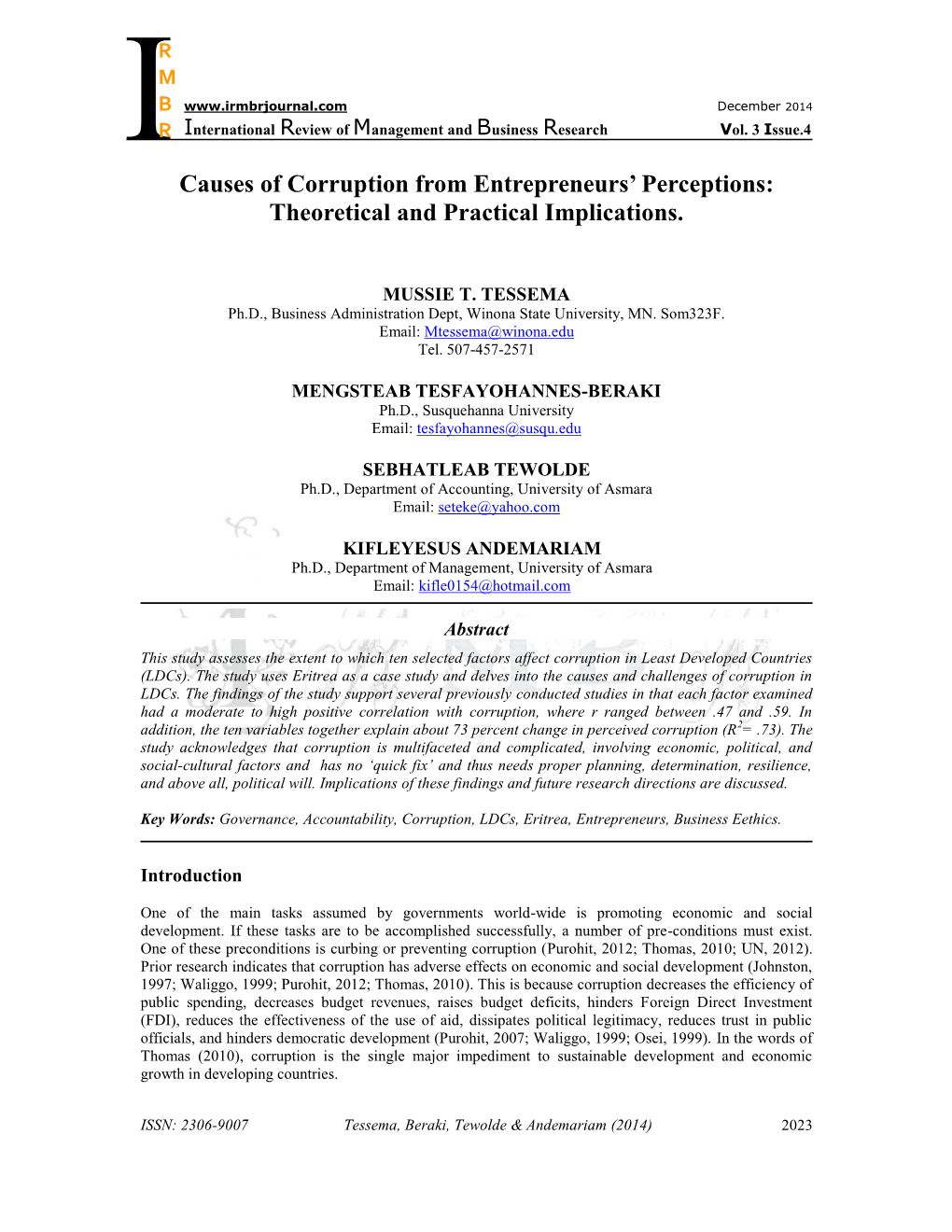 Causes of Corruption from Entrepreneurs' Perceptions