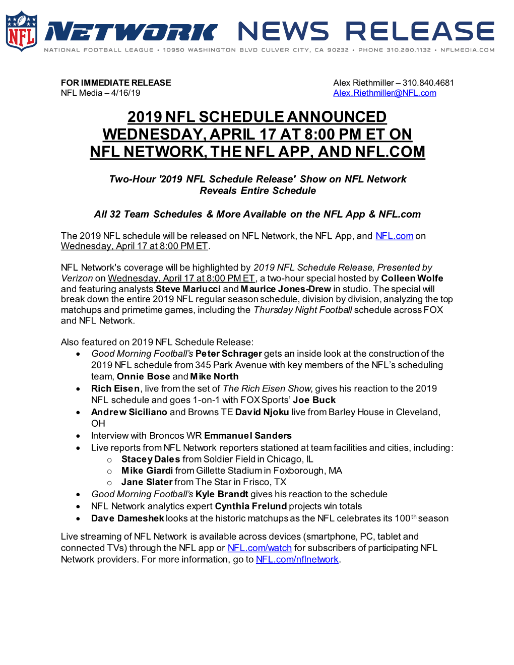 2019 Nfl Schedule Announced Wednesday, April 17 at 8:00 Pm Et on Nfl Network, the Nfl App, and Nfl.Com