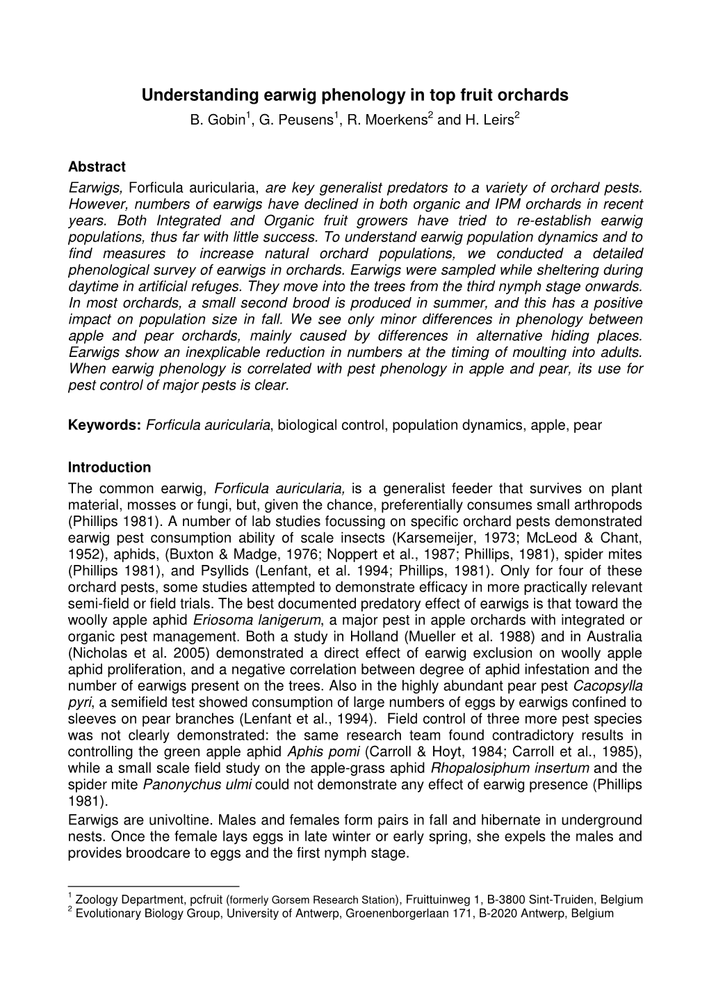 Understanding Earwig Phenology in Top Fruit Orchards B