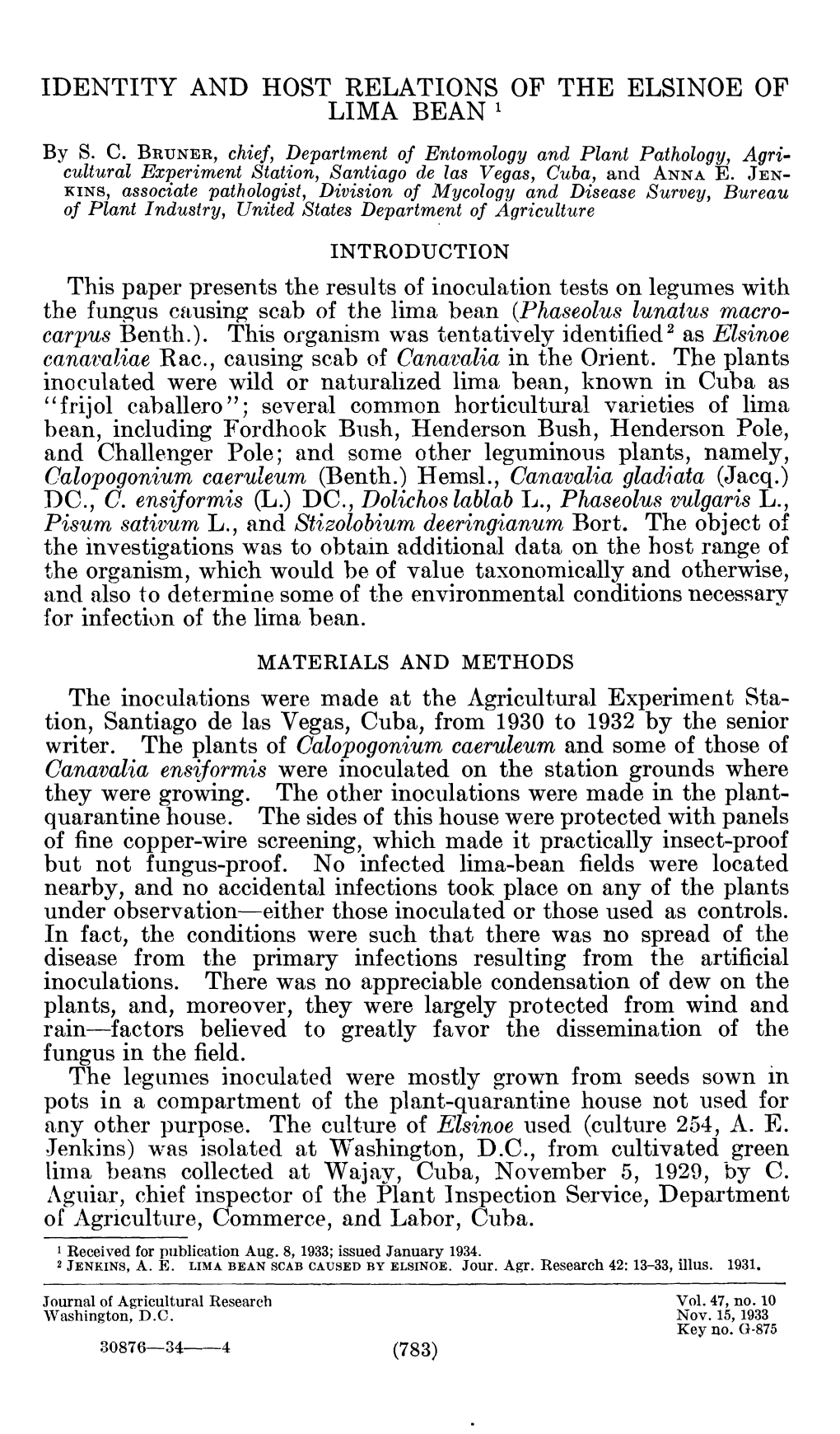 Identity and Host Relations of the Elsinoe of Lima Bean '