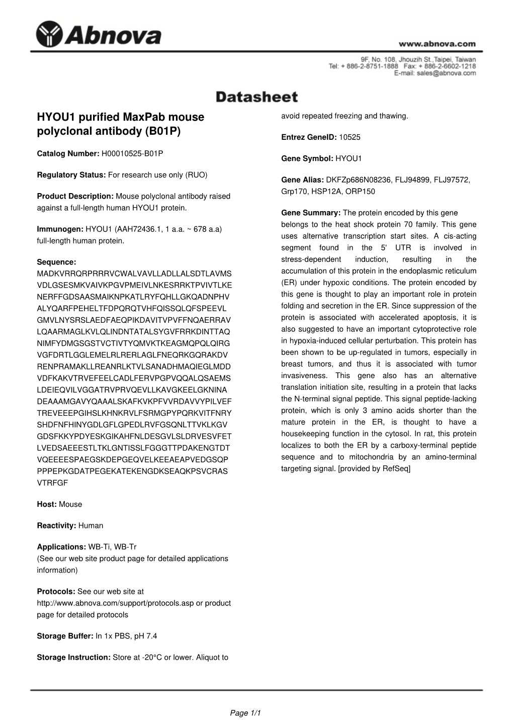 HYOU1 Purified Maxpab Mouse Polyclonal Antibody (B01P)