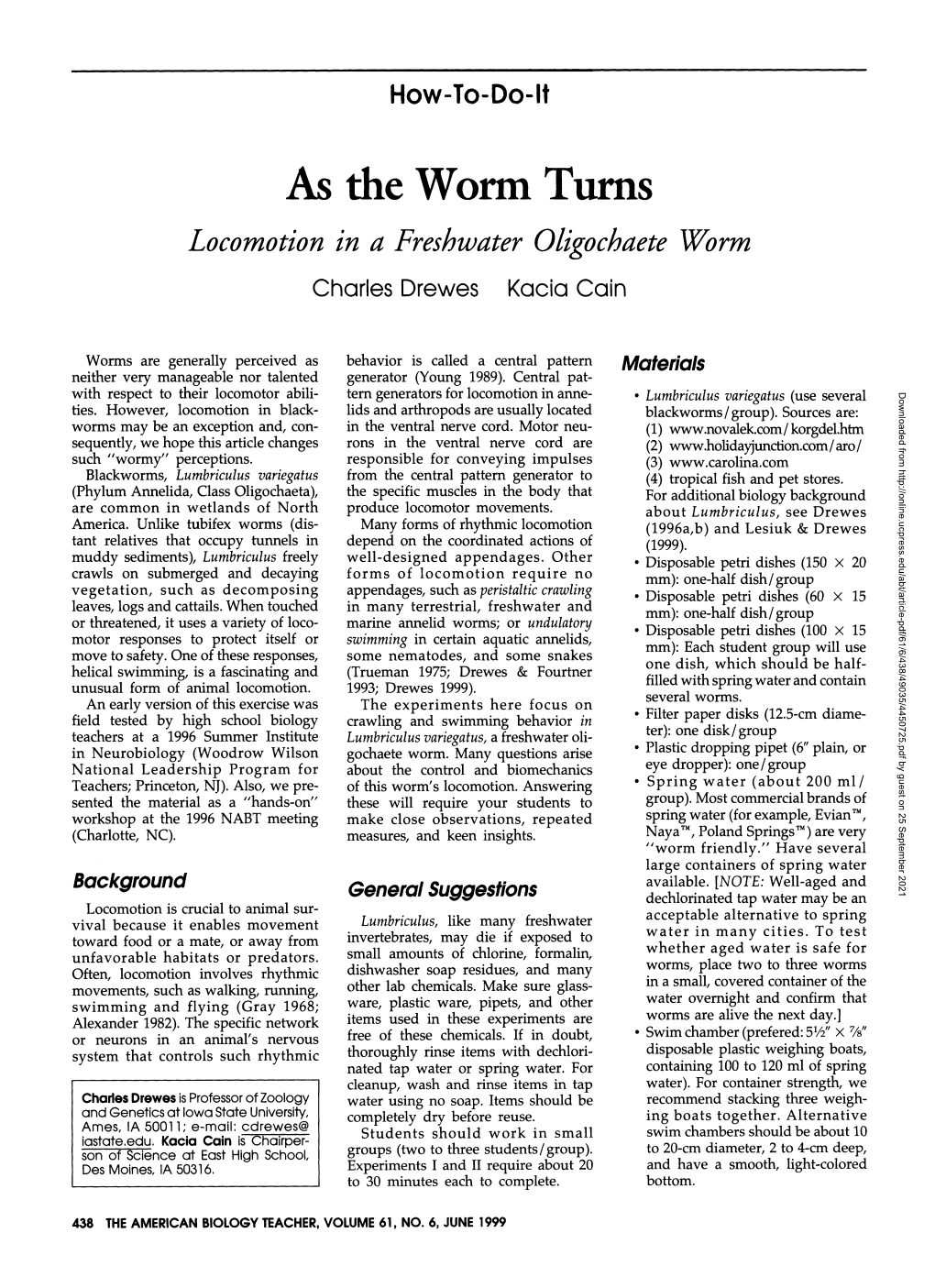 Locomotion in a Freshwater Oligochaete Worm
