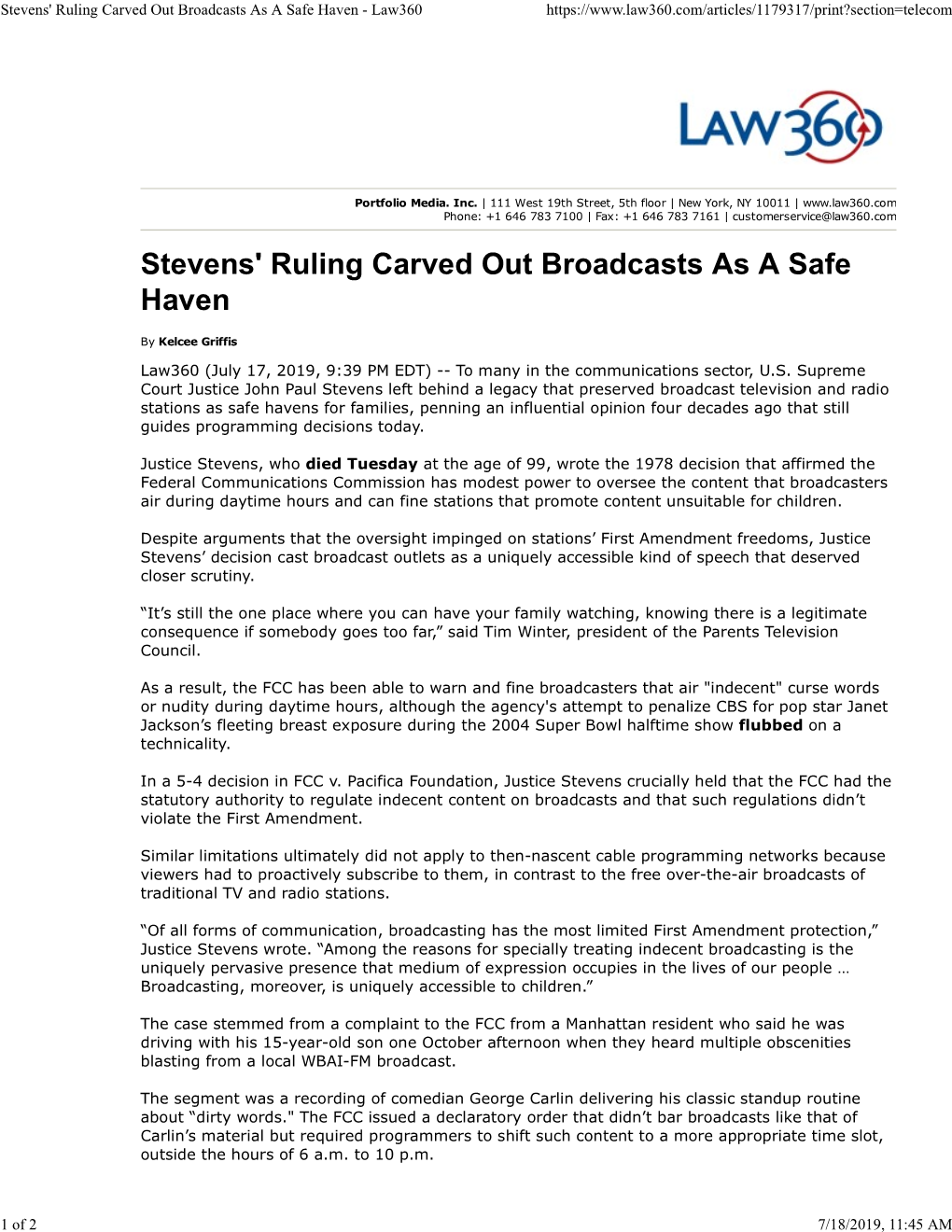 Stevens' Ruling Carved out Broadcasts As a Safe Haven - Law360