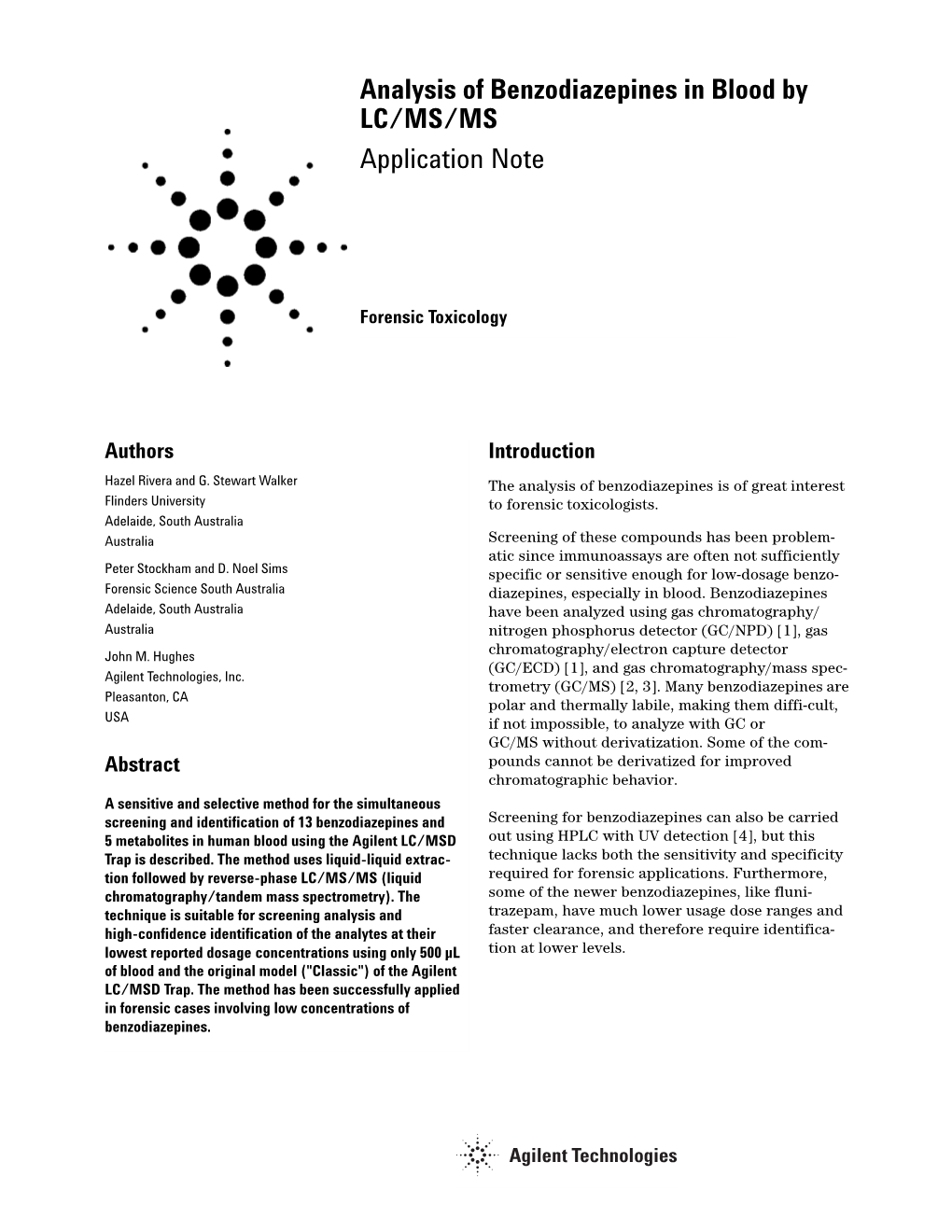 Analysis of Benzodiazepines in Blood by LC/MS/MS Application Note