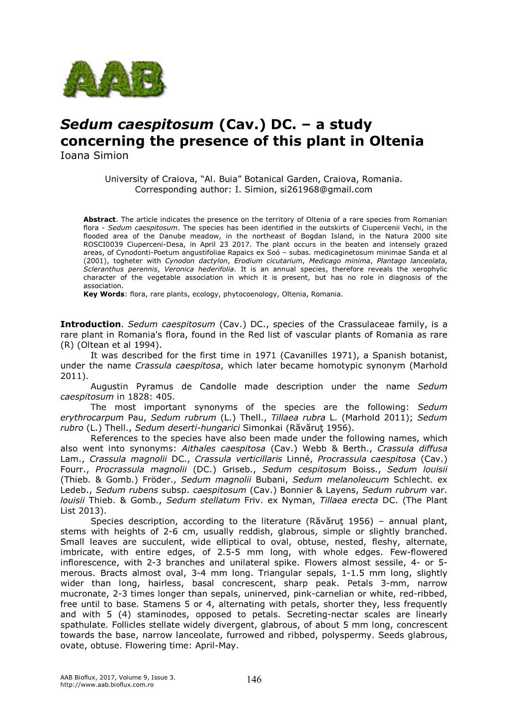 Sedum Caespitosum (Cav.) DC. – a Study Concerning the Presence of This Plant in Oltenia Ioana Simion