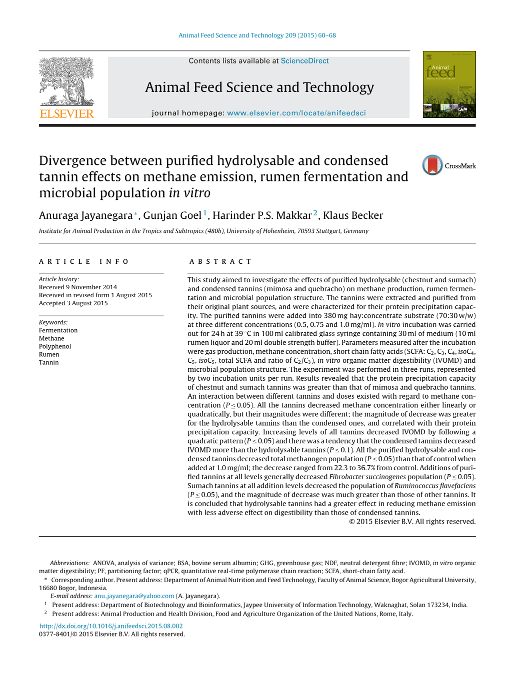 Divergence Between Purified Hydrolysable and Condensed Tannin Effects on Methane Emission, Rumen Fermentation and Microbial Popu