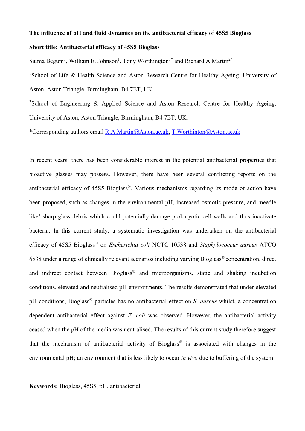 The Influence of Ph and Fluid Dynamics on the Antibacterial Efficacy of 45S5 Bioglass