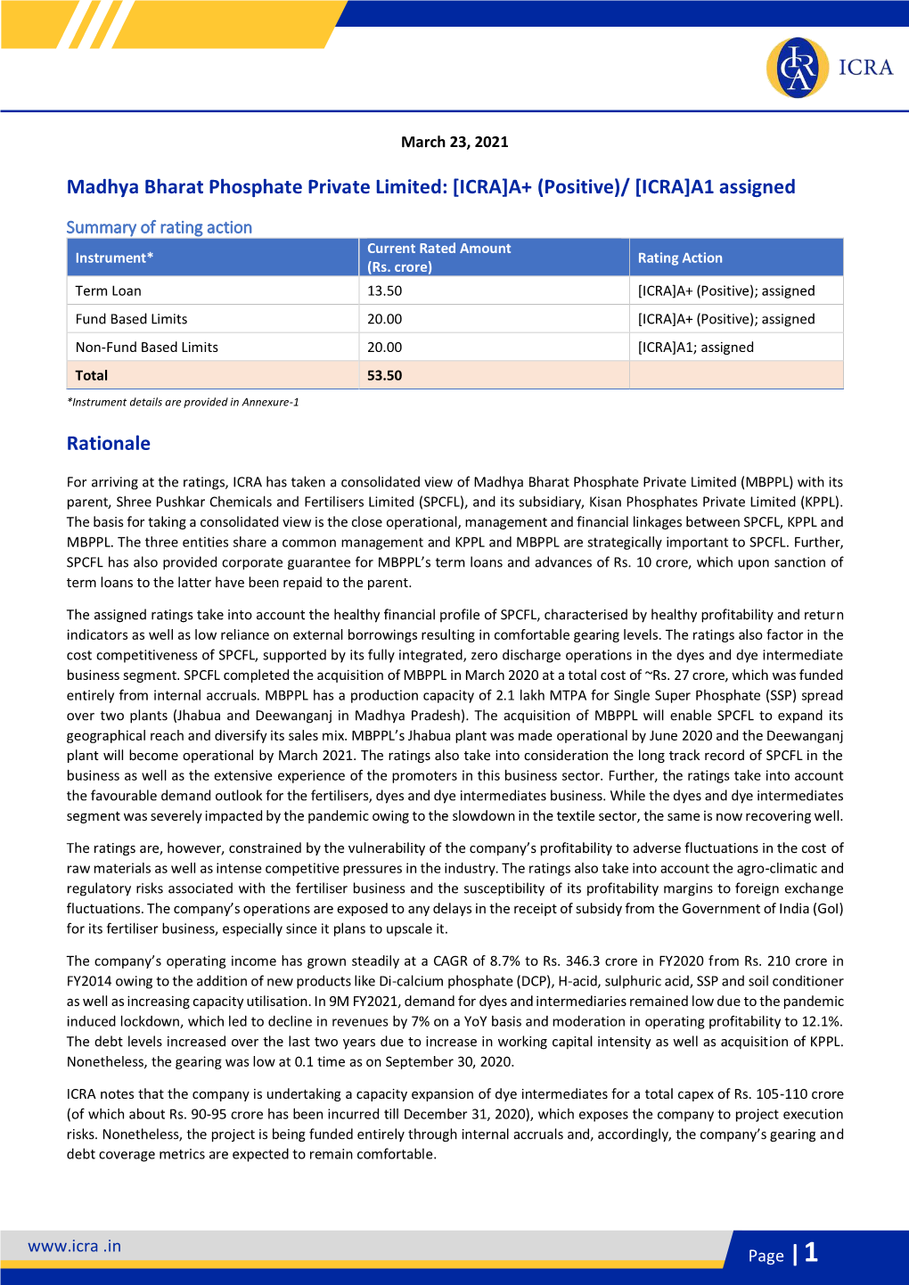 Madhya Bharat Phosphate Private Limited: [ICRA]A+ (Positive)/ [ICRA]A1 Assigned