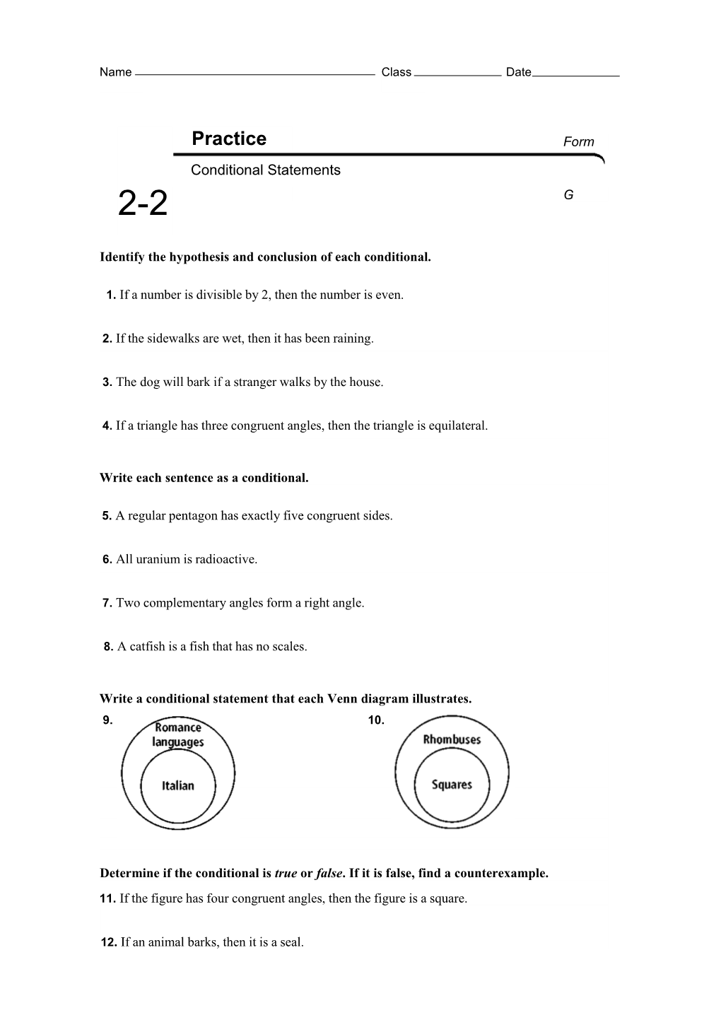 Identify the Hypothesis and Conclusion of Each Conditional