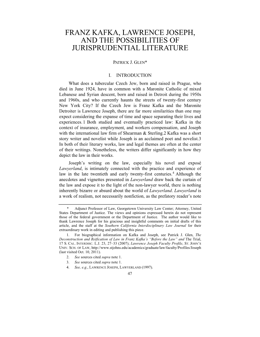 Franz Kafka, Lawrence Joseph, and the Possibilities of Jurisprudential Literature