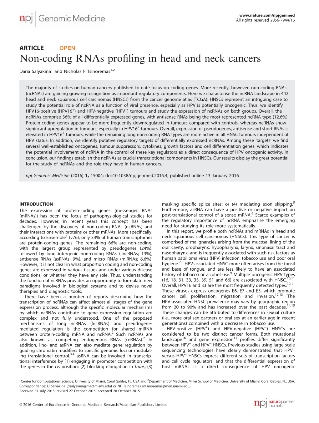 Non-Coding Rnas Profiling in Head and Neck Cancers