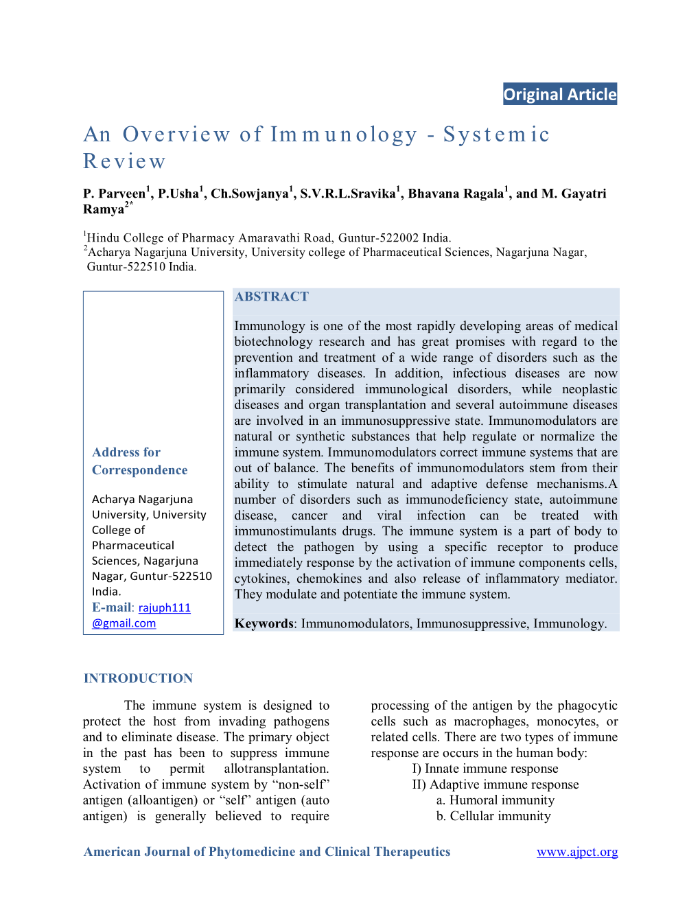 An Overview of Immunology - Systemic Review