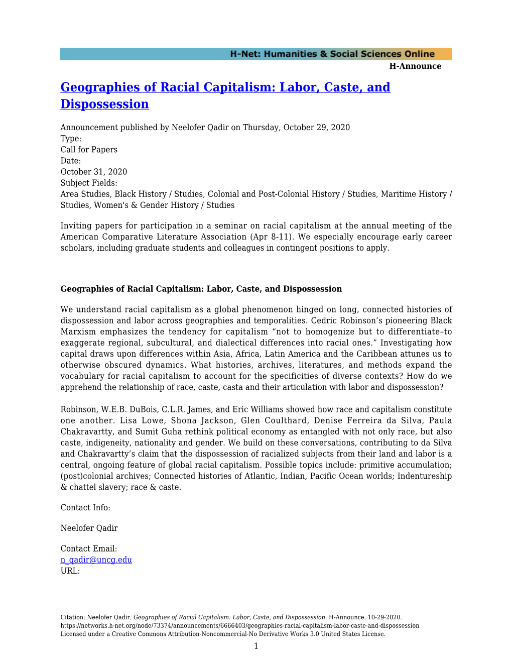 Geographies of Racial Capitalism: Labor, Caste, and Dispossession