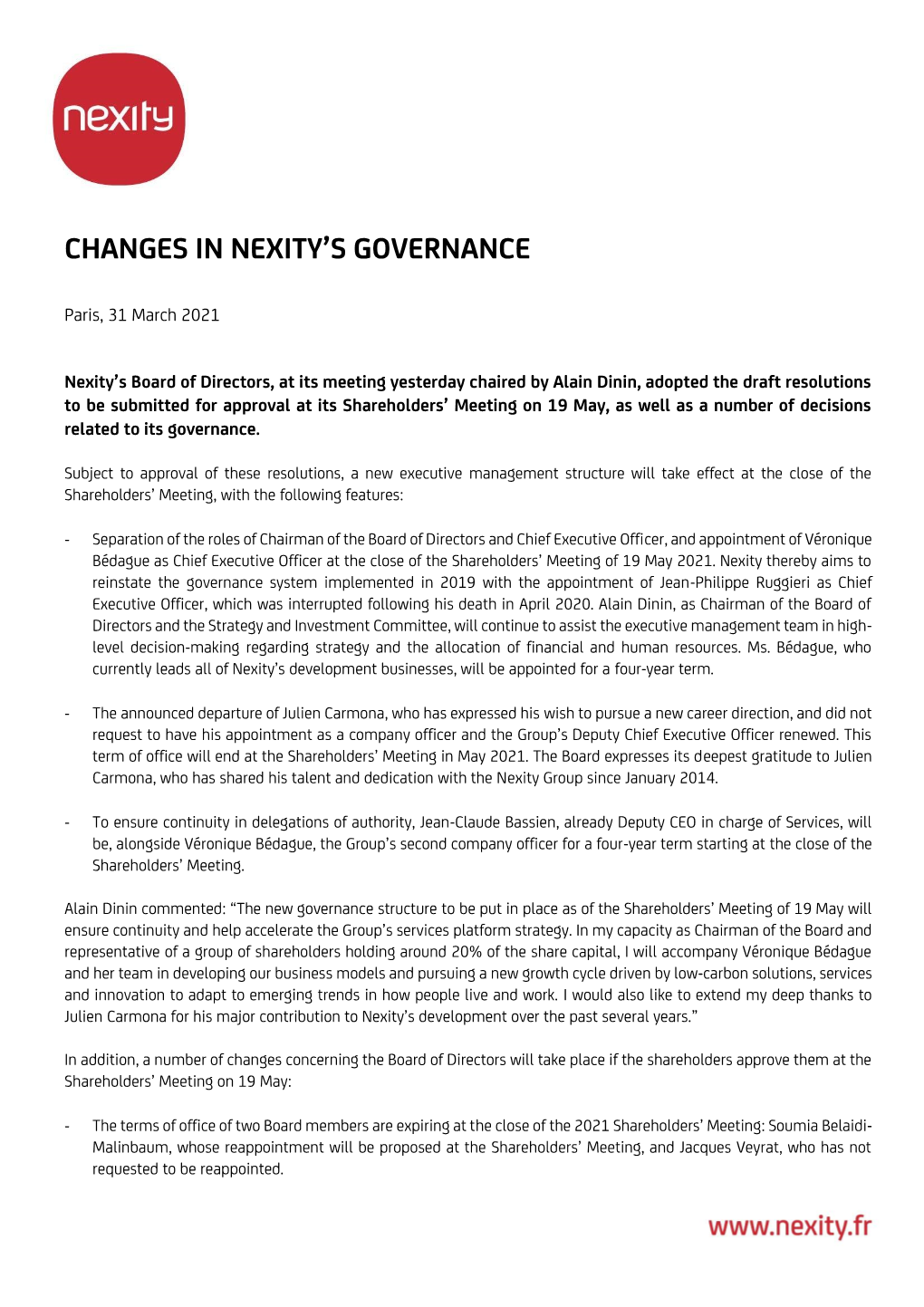 Changes in Nexity's Governance